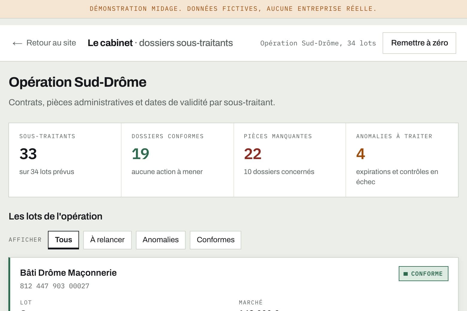 Une démo en cours d'essai : le suivi des sous-traitants d'une opération, dossiers conformes et pièces manquantes.